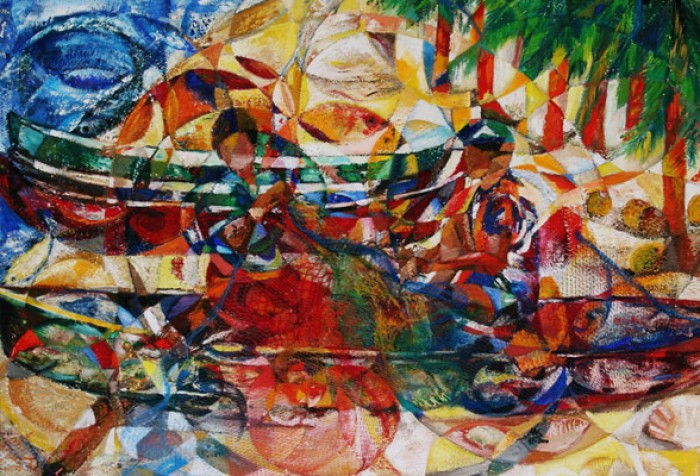 "Pescadores Esmeraldenos I"
Acryl y Eitempera auf Leinwand,eingearbeitete Früchtenetze.
2004 